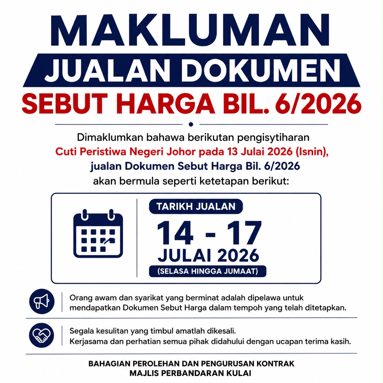 MAKLUMAN JUALAN DOKUMEN SEBUT HARGA BIL.6/2026